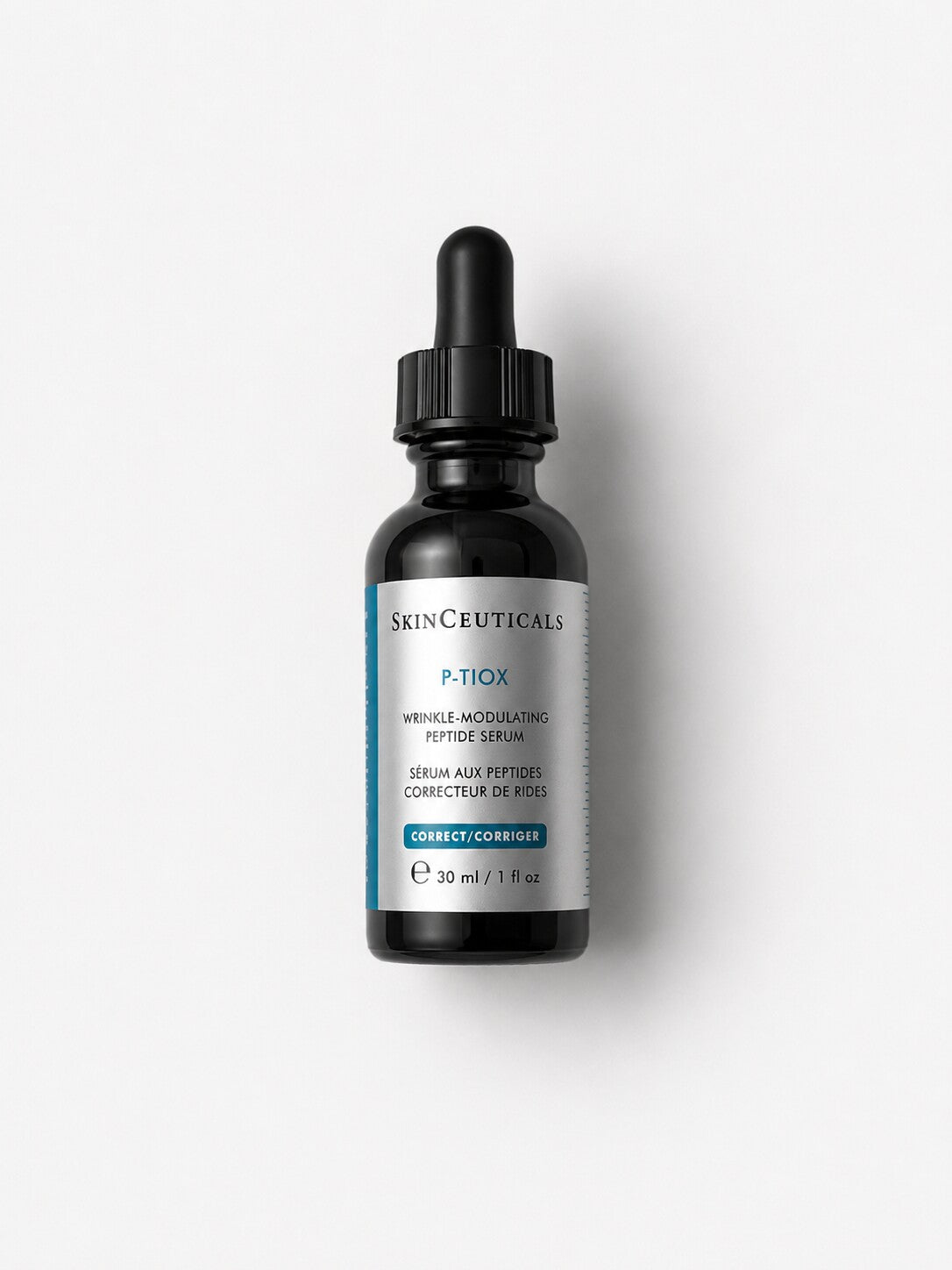 SkinCeuticals P-TIOX wrinkle-modulating peptide serum in a black dropper bottle.