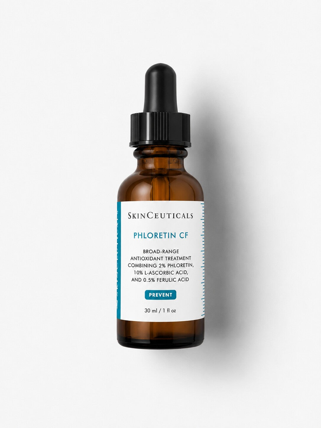 SkinCeuticals Phloretin CF vitamin C antioxidant serum with ferulic acid in a 1 oz amber dropper bottle.