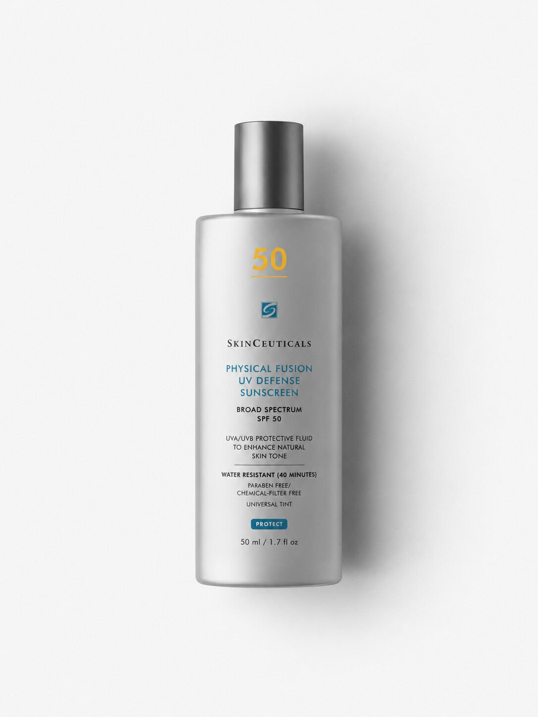 SkinCeuticals Physical Fusion UV Defense SPF 50 tinted mineral sunscreen in a white pump bottle.