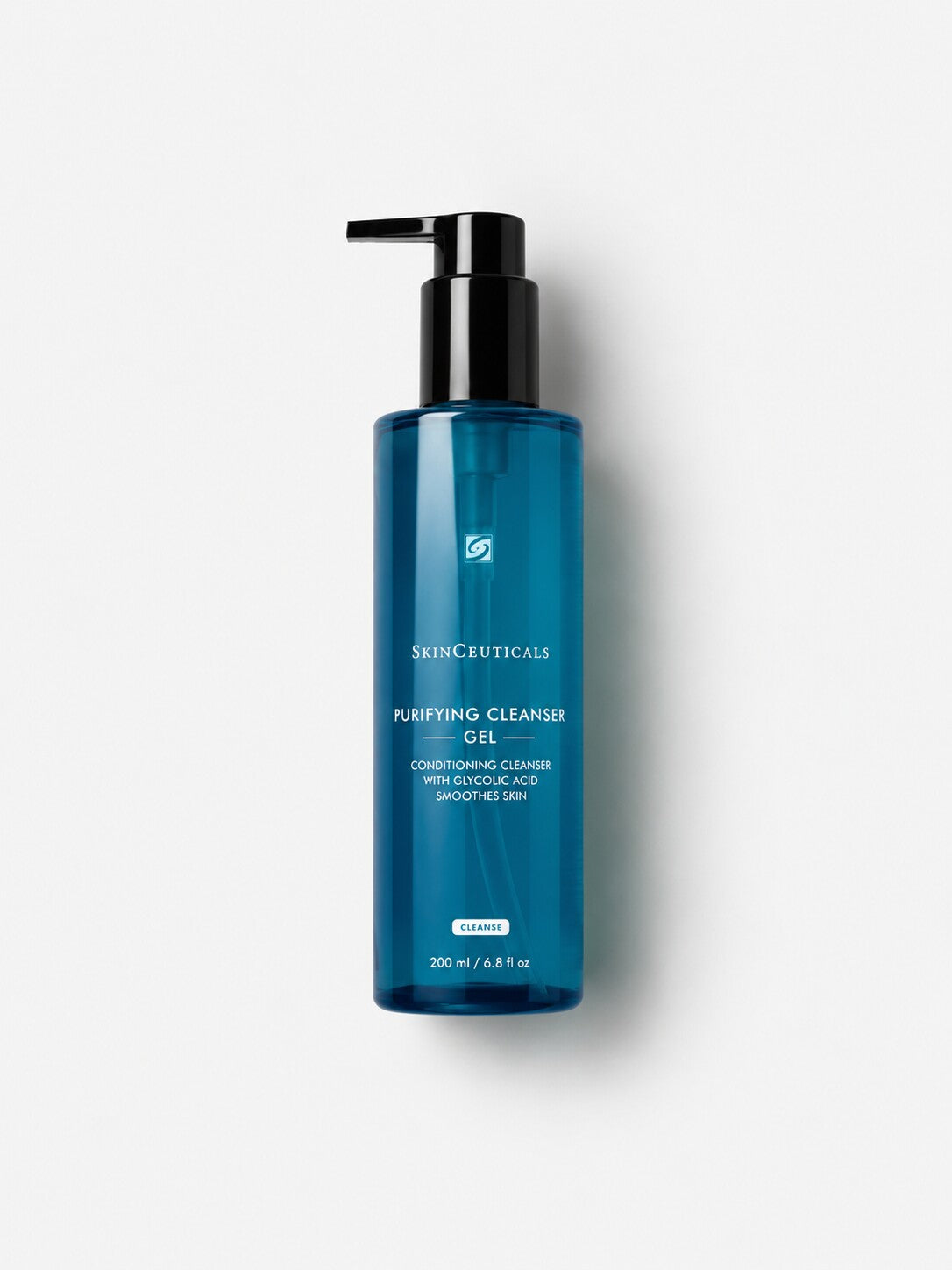 SkinCeuticals Purifying Cleanser Gel with glycolic acid in a blue pump bottle.
