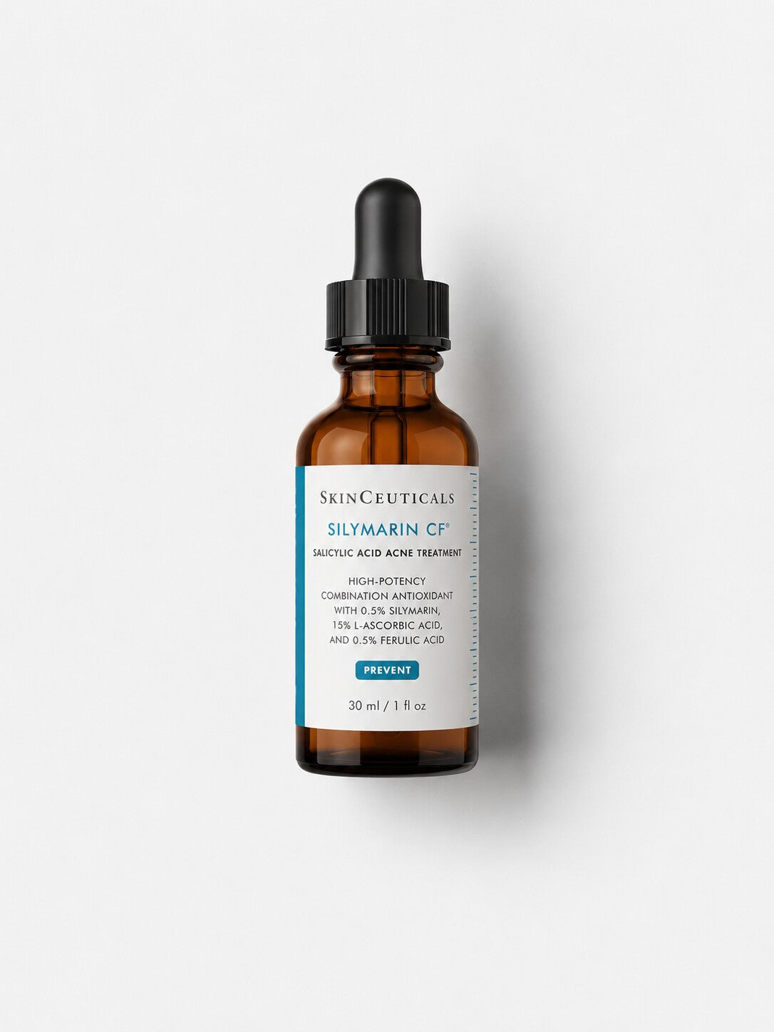 SkinCeuticals Silymarin CF vitamin C antioxidant serum for oily skin in an amber dropper bottle.