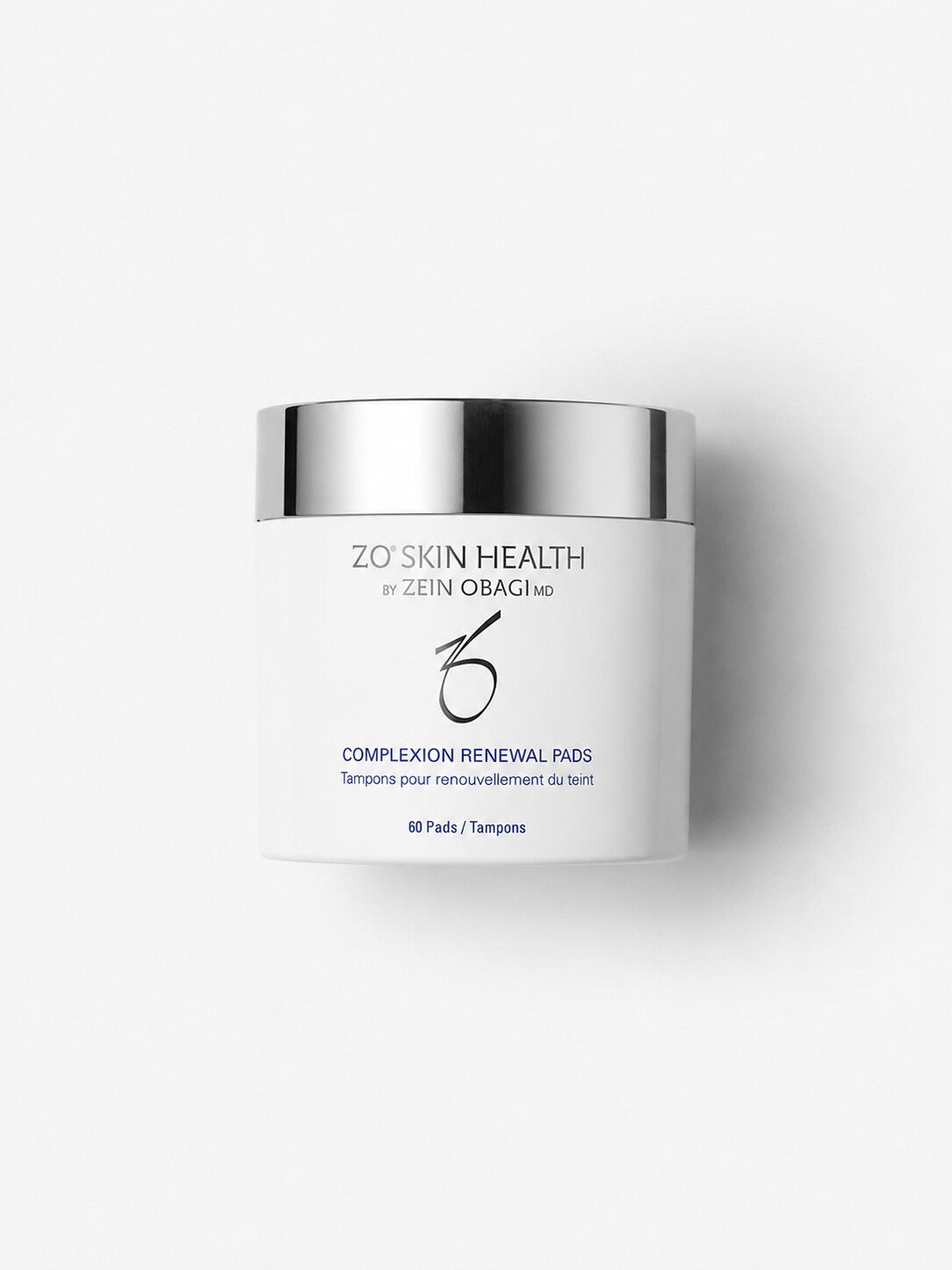 ZO Skin Health Complexion Renewal Pads 60-count white jar to exfoliate and refine uneven skin tone.