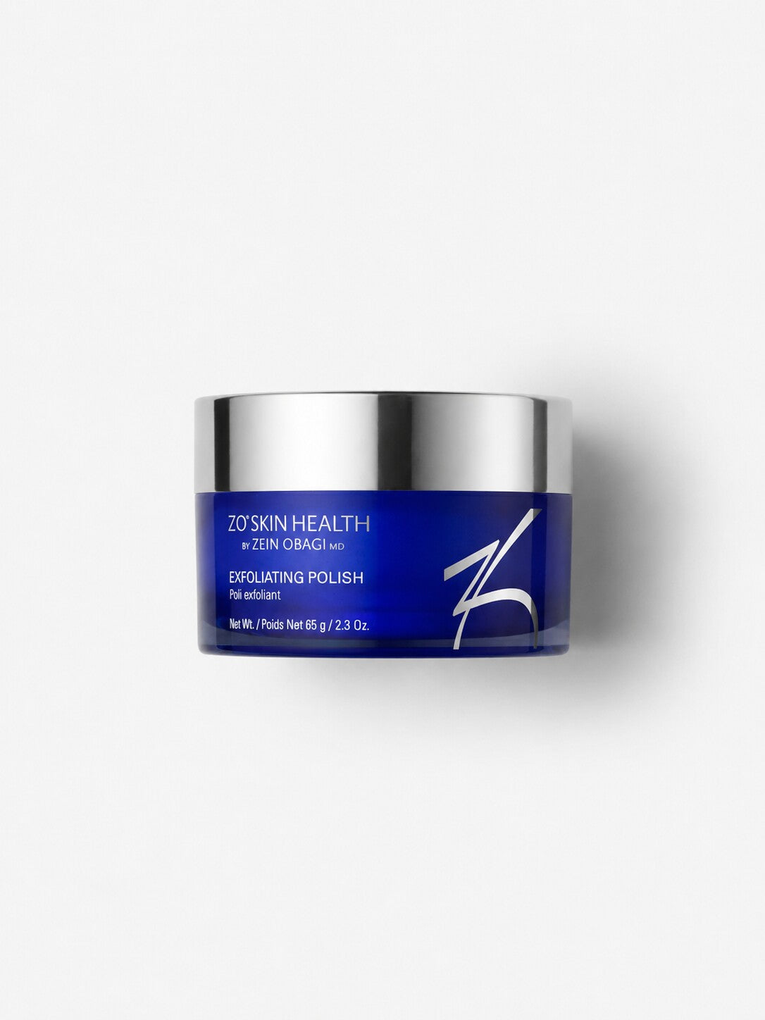 ZO Skin Health Exfoliating Polish 2.3 oz blue jar with magnesium crystals to smooth rough skin texture.