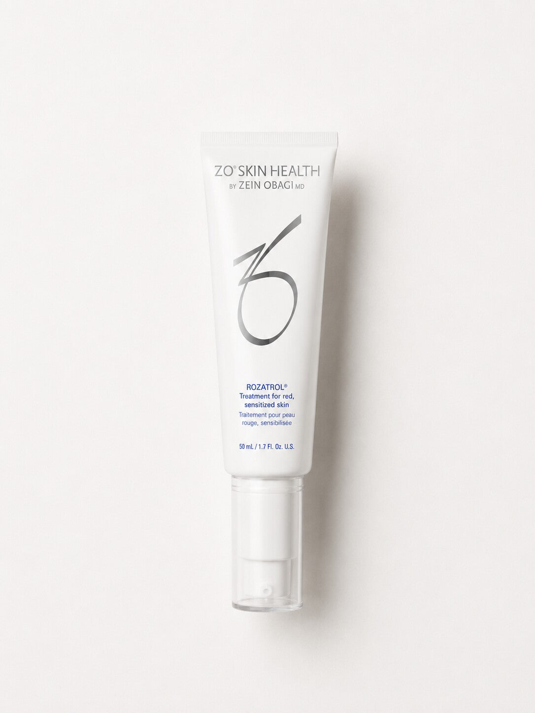 ZO Skin Health Rozatrol serum for red, sensitized skin in a white squeeze tube with pump.